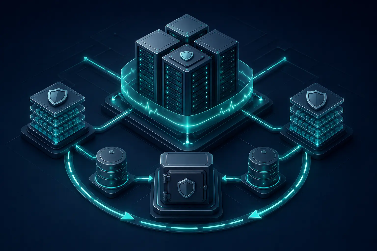 Illustration of monitored email servers, encrypted backup storage and a controlled recovery path.